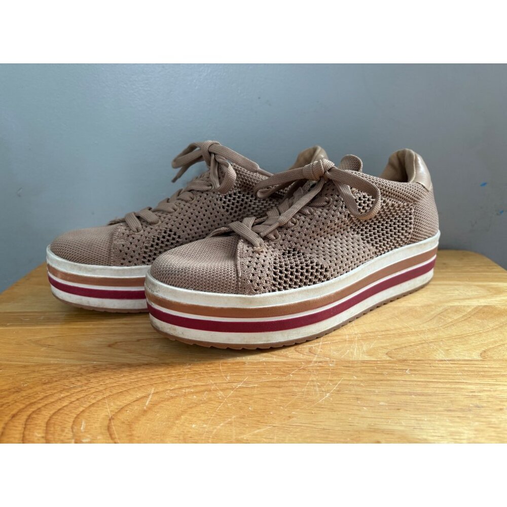 Stradivarius Women's Platform Sneakers Beige Mesh Lace-Up Casual Shoes Size 38